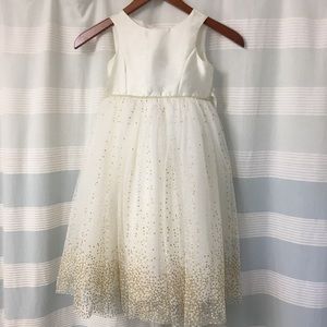 David’s Bridal flower girl dress in ivory and gold